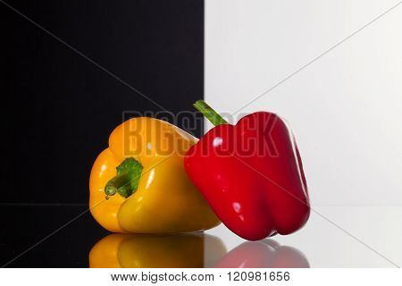 Two peppers isolated on black and white background and glass desk