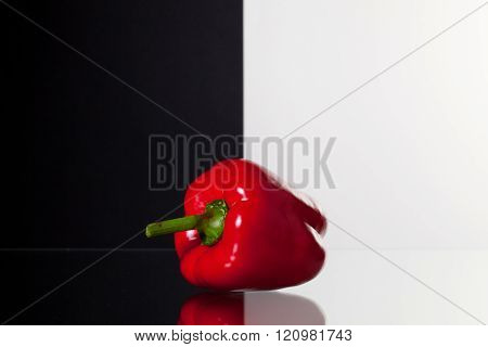 Single red pepper isolated on black and white background and glass desk