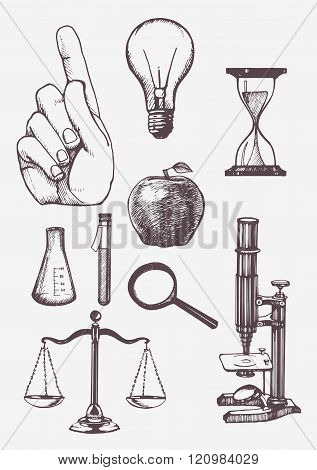 Set of hand drawn science objects. Vectorial isolated elements.