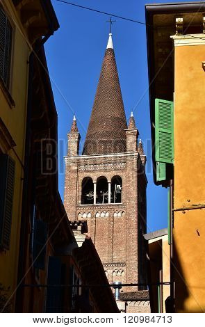 Sant'eufemia Church Typical Brick Conical Belfry In Verona