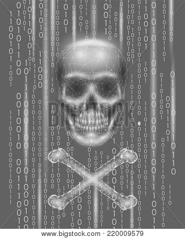 Jolly roger skull binary code numbers. Hacker piracy computer online attack alert. Scary warning hacking safety data security. Low poly polygonal triangle particle line 3d render vector illustration
