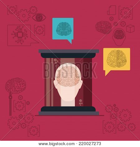 human head silhouette with brain in front view in transparent container in dark red background vector illustration