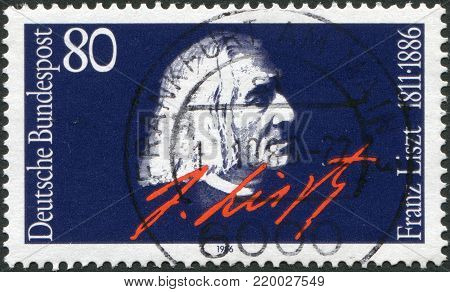GERMANY - CIRCA 1986: A stamp printed in the Germany, dedicated to the 100th anniversary of his death Franz Liszt, portrait and signature, circa 1986