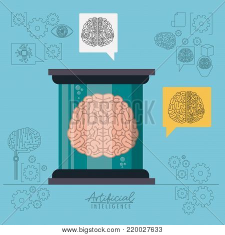 artificial intelligence poster with human brain in transparent container in light blue background vector illustration