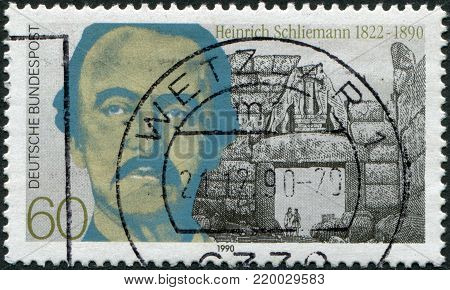 GERMANY - CIRCA 1990: A stamp printed in the Germany, shows Heinrich Schliemann, circa 1990