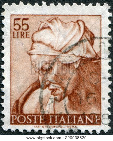 ITALY - CIRCA 1961: A stamp printed in Italy, shows Designs from Sistine Chapel by Michelangelo, Cumaean Sybil, circa 1961
