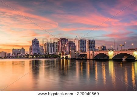 West Palm Beach, Florida, USA downtown skyline on the intracoastal waterway.