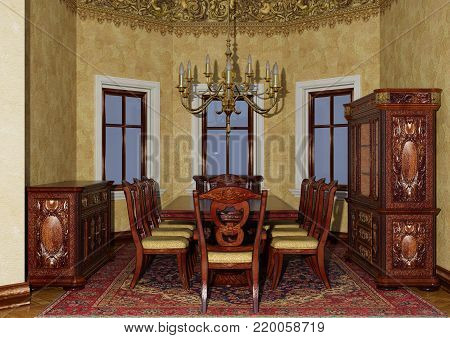 3D rendering of a Victorian dining room interior