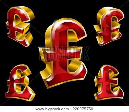 Gold Pound Sterling Symbols Illustration In 3d Style With Different Angles Isolated On Black Backgro
