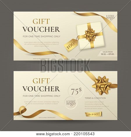 Vector set of luxury gift vouchers with golden ribbons, bows and gift box. Elegant template for holiday gift card, coupon and certificate with beige background. Isolated from the background.