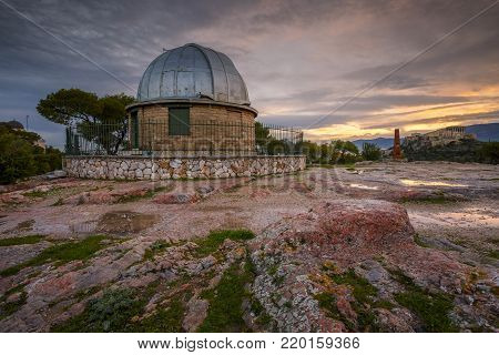 Early morning view of the National Observatory and Acropolis from Pnyx in Athens.