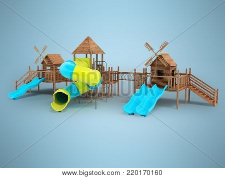 Playground for children windmills tree four roller coaster 3d rendering on blue background