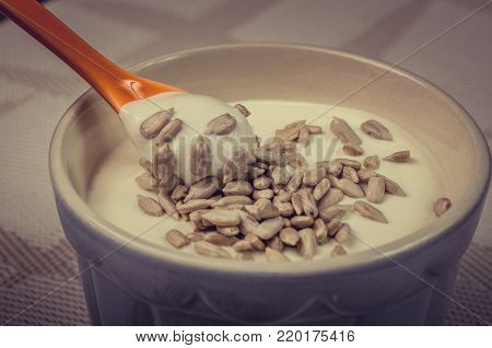 Sweet milk meal with sunflower seeds.food concept at the litchen