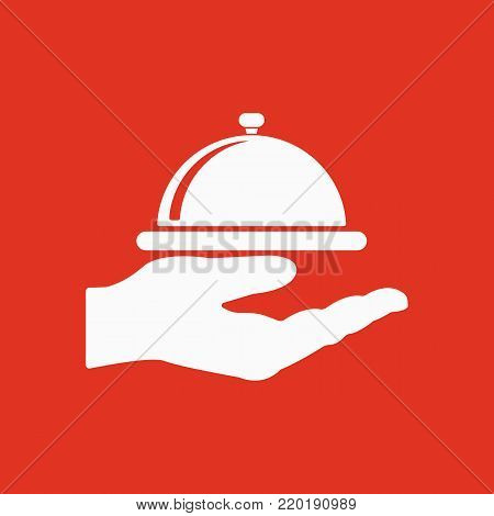 Tray in hand icon. Restaurant, service, banquet, lunch symbol. Flat design. Stock - Vector illustration