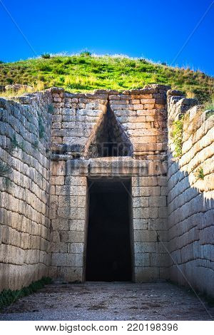 The archaeological site of Mycenae near the village of Mykines, with ancient tombs, giant walls and the famous lions gate,  Peloponnese, Greece