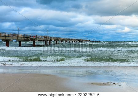 Pier on the Baltic Sea coast in Prerow, Germany.