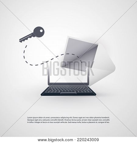 Laptop and Envelope - Backdoor Infection by E-mail - Virus, Malware, Ransomware, Fraud, Spam, Phishing, Email Scam, Hacker Attack - IT Security Concept Design, Vector illustration