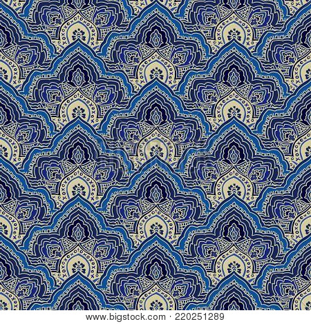 Abstract seamless paisley pattern. Traditional oriental ornament, blue tones. Geometric background. Textile design.