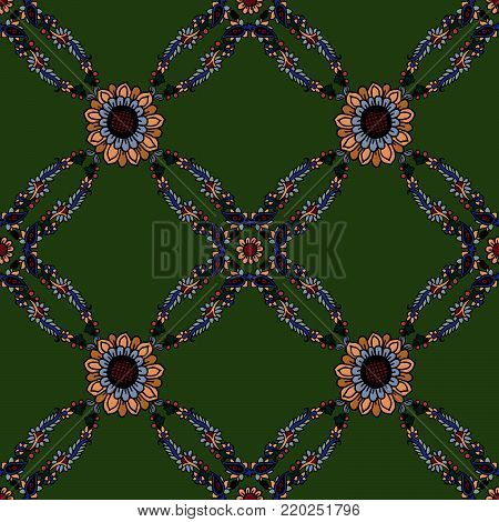 Seamless geometric vector paisley pattern. Ethnic floral motif, primitive oriental elements, rhomboid kaleidoscope layout, on green background.