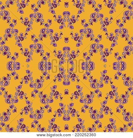 Kaleidoscope abstract geometric seamless paisley pattern. Traditional oriental ornament with blossom branches, on a yellow background. Textile design.