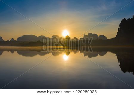 A morning scene of Nong Thalay, a local and public pond in Krabi, Thailand.