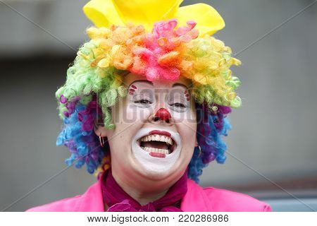 Belarus, the city of Gomel,May 24, 2017,Zyabrovsky kindergarten, graduation day.A woman clown laughs gaily.Joyful children's clown