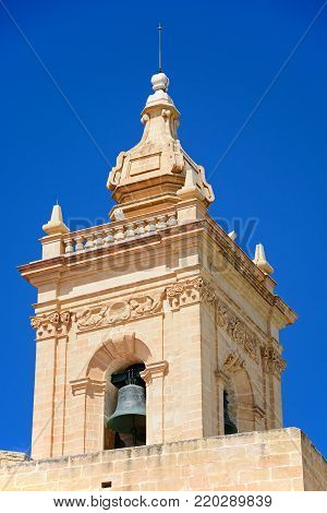 View of the Cathedral bell tower within the citadel, Victoria (Rabat), Gozo, Malta, Europe.