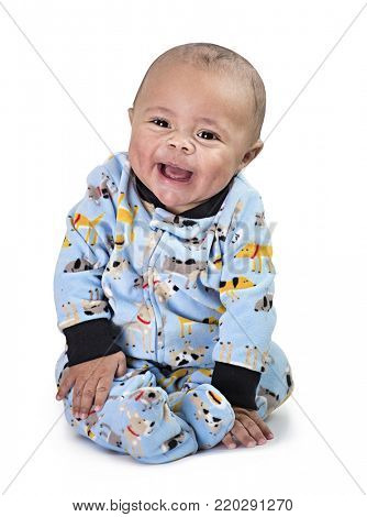 Full length Portrait of smiling black baby boy isolated on black background
