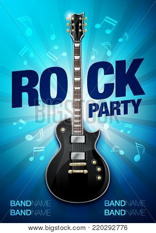 vector illustration rock party flyer design template with guitar with cool glow effects and notes