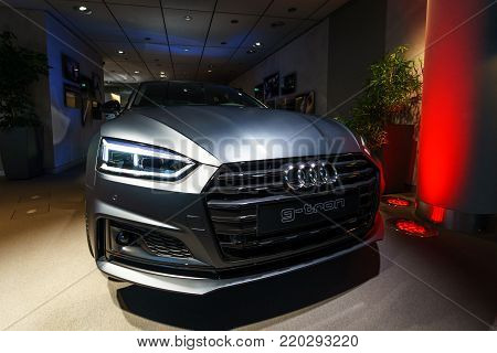BERLIN - DECEMBER 21, 2017: Showroom. Compact executive car Audi A5 Sportback g-tron. Since 2017.
