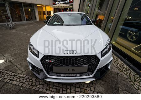 BERLIN - DECEMBER 21, 2017: Showroom. Compact sports coupe Audi TT RS. Since 2016.