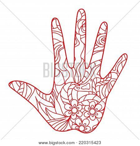 Hand. Hand drawn element with abstract patterns on isolation background. Design for spiritual relaxation for adults. Line art creation