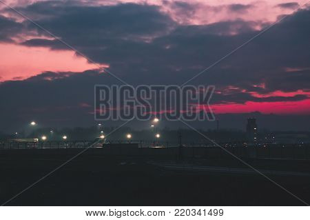 Views of International Airport Krakow - Balice at dusk at sunset