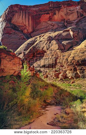 Beautiful rock formation in Glen Canyon near Lake Powell, Utah. Rocks formed unbelievable bridge called Rainbow Bridge National Monument.