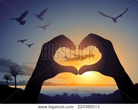 Airplane and Beach landmark, Travel and tourism illustration