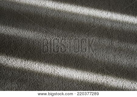 The sunlight from a window cast diagonal shadows on a beige carpet.