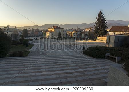 PANAGYURISHTE, BULGARIA - DECEMBER 13, 2013: Panoramic view of Central square of Historical town of Panagyurishte, Pazardzhik Region, Bulgaria