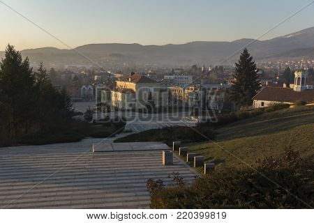 PANAGYURISHTE, BULGARIA - DECEMBER 13, 2013: Panoramic view of Central square of Historical town of Panagyurishte, Pazardzhik Region, Bulgaria
