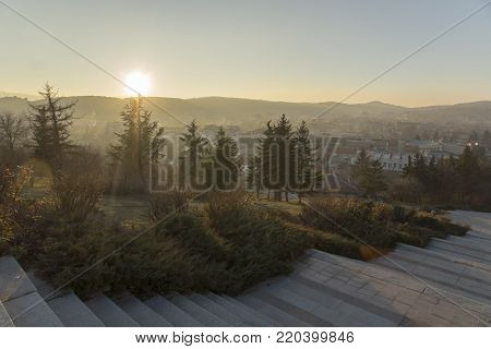 PANAGYURISHTE, BULGARIA - DECEMBER 13, 2013: Panoramic view of Central square of Historical town of Panagyurishte, Pazardzhik Region, Bulgaria