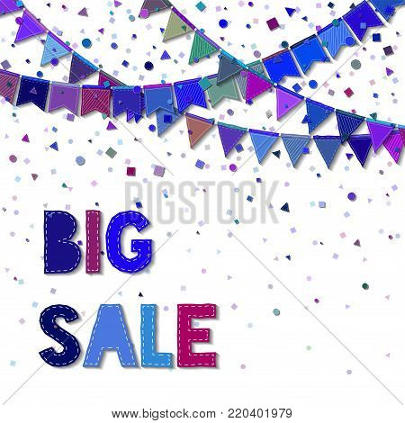 Bunting Party Flags. Eminent Celebration Card. Blue And Purple Holiday Decorations And Confetti. Bun
