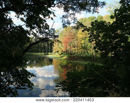 Matthiessen State Park showing lake and upper falls area in early autumn
