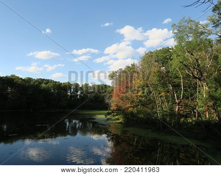 Matthiessen State Park showing lake and upper falls area in early autumn