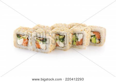 Sushi Tokyo with eel, salmon, cheese, avocado, Unagi sauce, sesame, nori on a white background