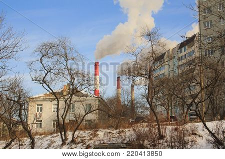 Winter industrial Landscape of Vladivostok city. Russia.