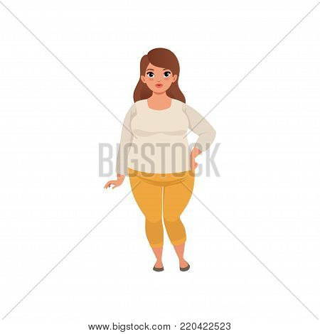 Pretty fat woman posing isolated on white background. Cartoon character of caucasian girl with brown hair wearing beige blouse and yellow pants. Full-length portrait. Vector illustration in flat style
