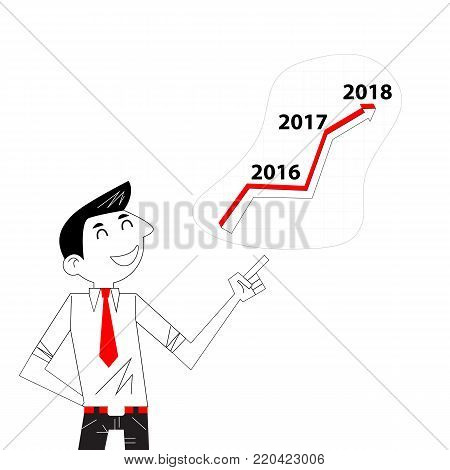 Achievement,Success and Growth concept.Businessman and stock market arrow presentation.Cheerful businessman with graph indicating increase.The concept of business success.Business vector concept illustration