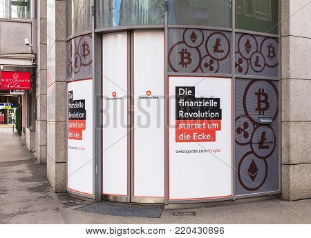 Zurich, Switzerland - 1 January, 2018: entrance to the office of the Swissquote Bank on Lowenstrasse street. The Swissquote Group Holding SA is a Swiss banking group specializing in the provision of online financial and trading services.