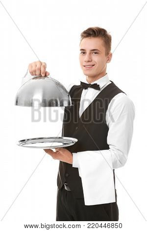 Waiter with metal tray and cloche on white background