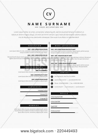 CV resume template design for a creative person - vector minimalist - black and white