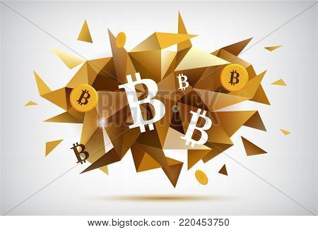 Vector crypto currency, bitcoin faceted banner, golden 3d shape, poster